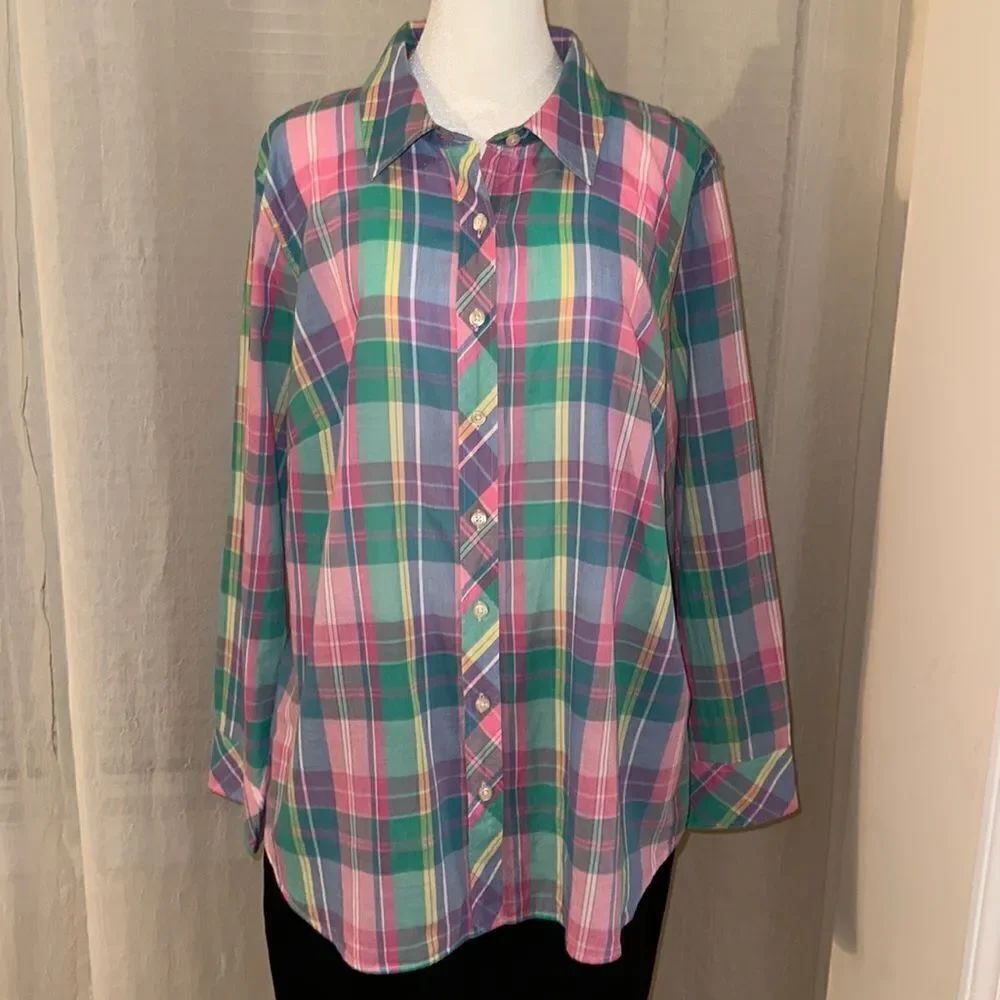 Talbots 1X Multicolored Plaid Cotton Long Sleeve Button Front Shirt